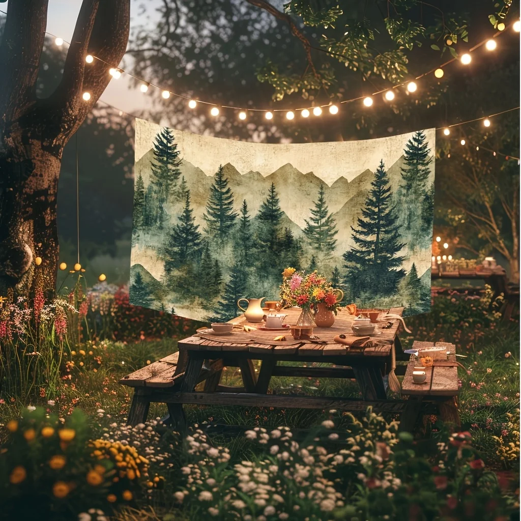 Bohemian Forest Mountain Landscape Tapestry Wall Hanging Rustic Woodland Art Home Decor Boho Wall Scroll for Bedroom Living Room