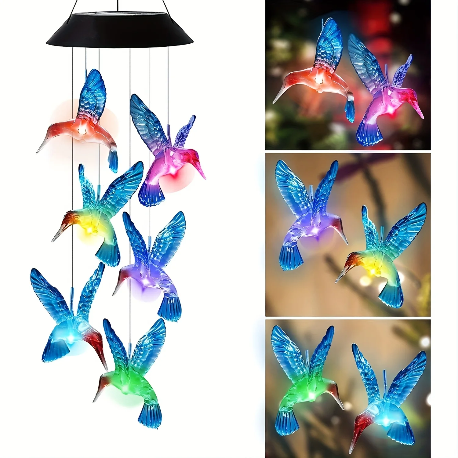 Set Solar Hummingbird Wind Chime - Dazzling LED Lights for Waterproof Outdoor Decor - Festive Christmas Theme - Enhances Garden