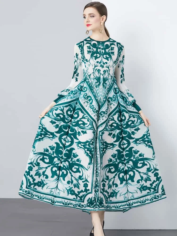 موضة مطوي فستان مُزين بطباعة للنساء س الرقبة طويلة الأكمام المرقعة 2025 ربيع ربيع الخريف جديد أنيق فساتين الحفلات النسائية