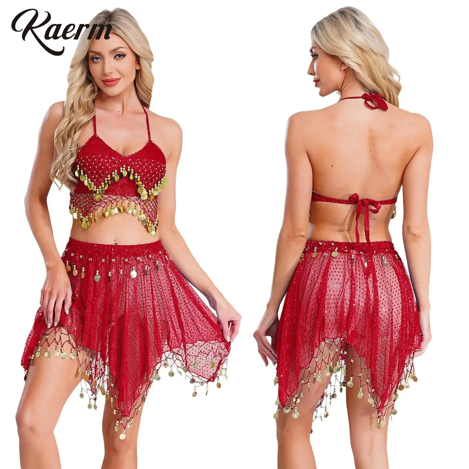 Womens Belly Dance Outfits Tassel Sequined Crop Top with Irregular Hem Skirt for Cultural Festival Dance Performance Costume