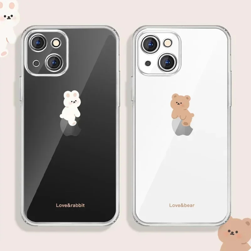 Funny Cute Bear Bunny Paired Couple Phone Case For iPhone 13 15 14 12 11 Pro Max 12 13 Mini XS Max XR SE 8 15 Plus Fundas Covers