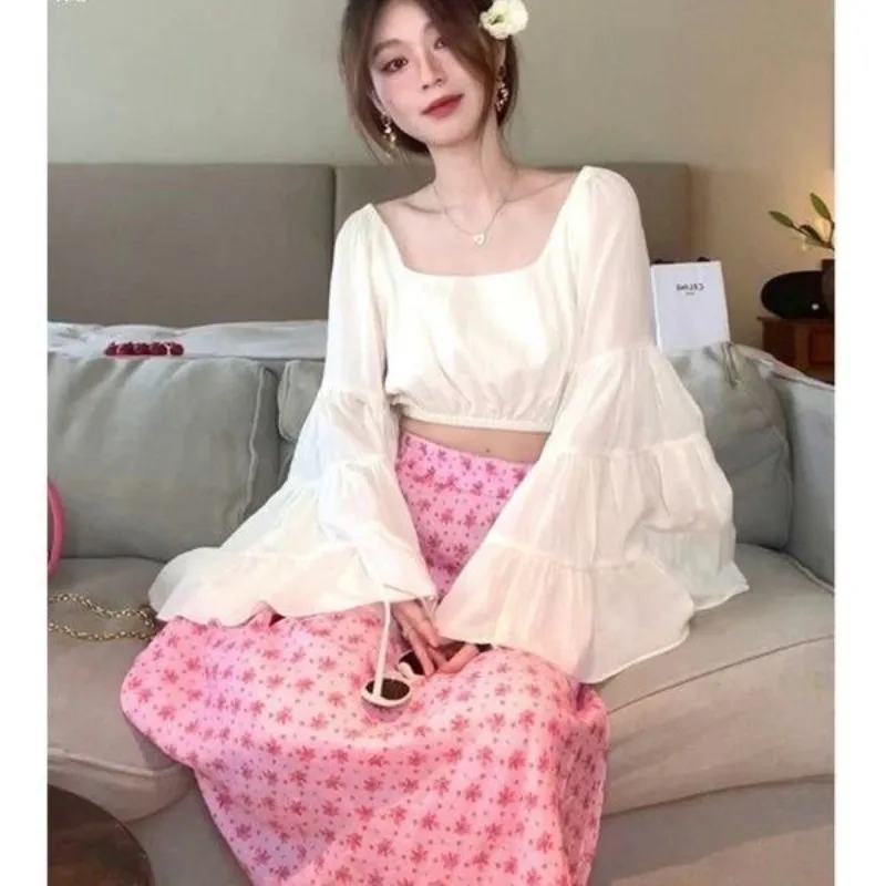 Blouse Women's Spring Fresh Cropped Bell Sleeves Square Neckline French Ruffles Long Sleeves New Comfortable Versatile Elegant