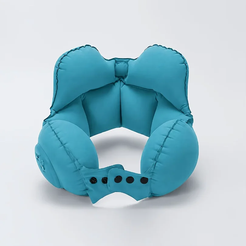 Inflatable travel neck pillow, providing head and neck support for long flights and office naps. Compact and lightweight.
