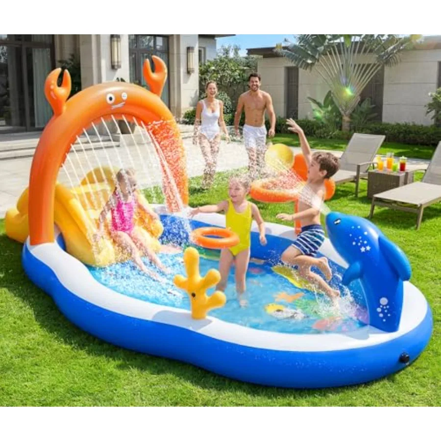 Backyard toddler pool with water slide sprinkler, PVC inflatable play center in blue and yellow, extra-large 120x70x50 splash p