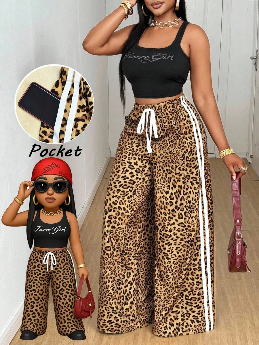 

Женские широкие брюки с леопардовым принтом, боковыми полосками и карманами