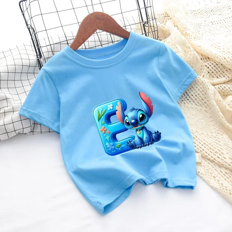 Lilo & Stitch T-shirt in cotone per bambini Disney Cartoon Boy Lettera AZ Vestiti Ragazza T-shirt Camicia Vestiti Anime Kawaii Top Abbigliamento per bambini