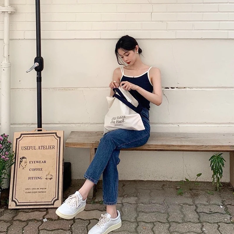 حقيبة قماش بكتف واحد ذات سعة كبيرة وأحرف بسيطة، حقيبة ظهر للطلاب، حقيبة تسوق محمولة باليد، حقيبة نسائية صديقة للبيئة #6