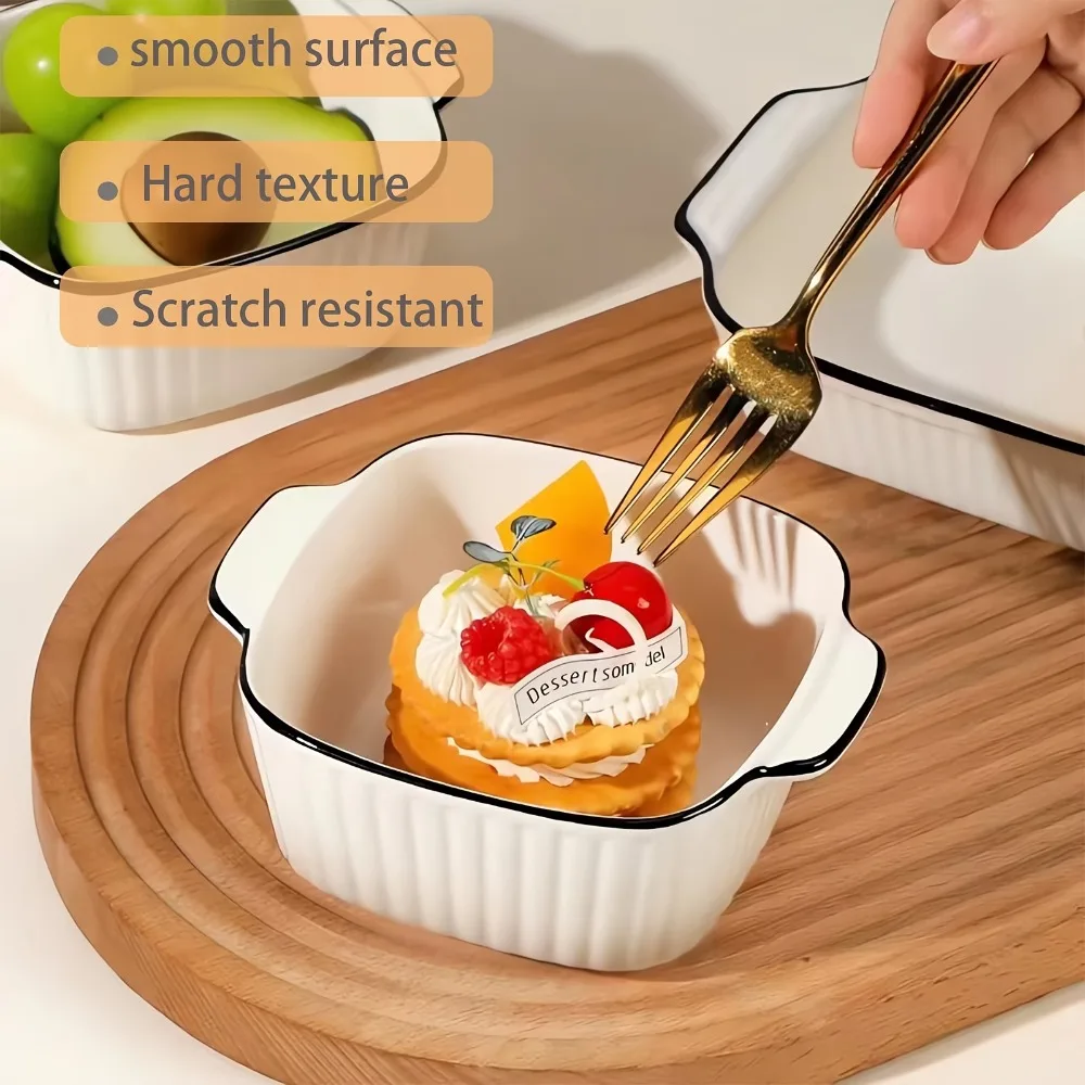 4PCS Non-slip Ceramic Baking Bowl Heat-resistant with Handle Rice Bowl Square Embossed Pattern Lasagna Baking Pan Dessert