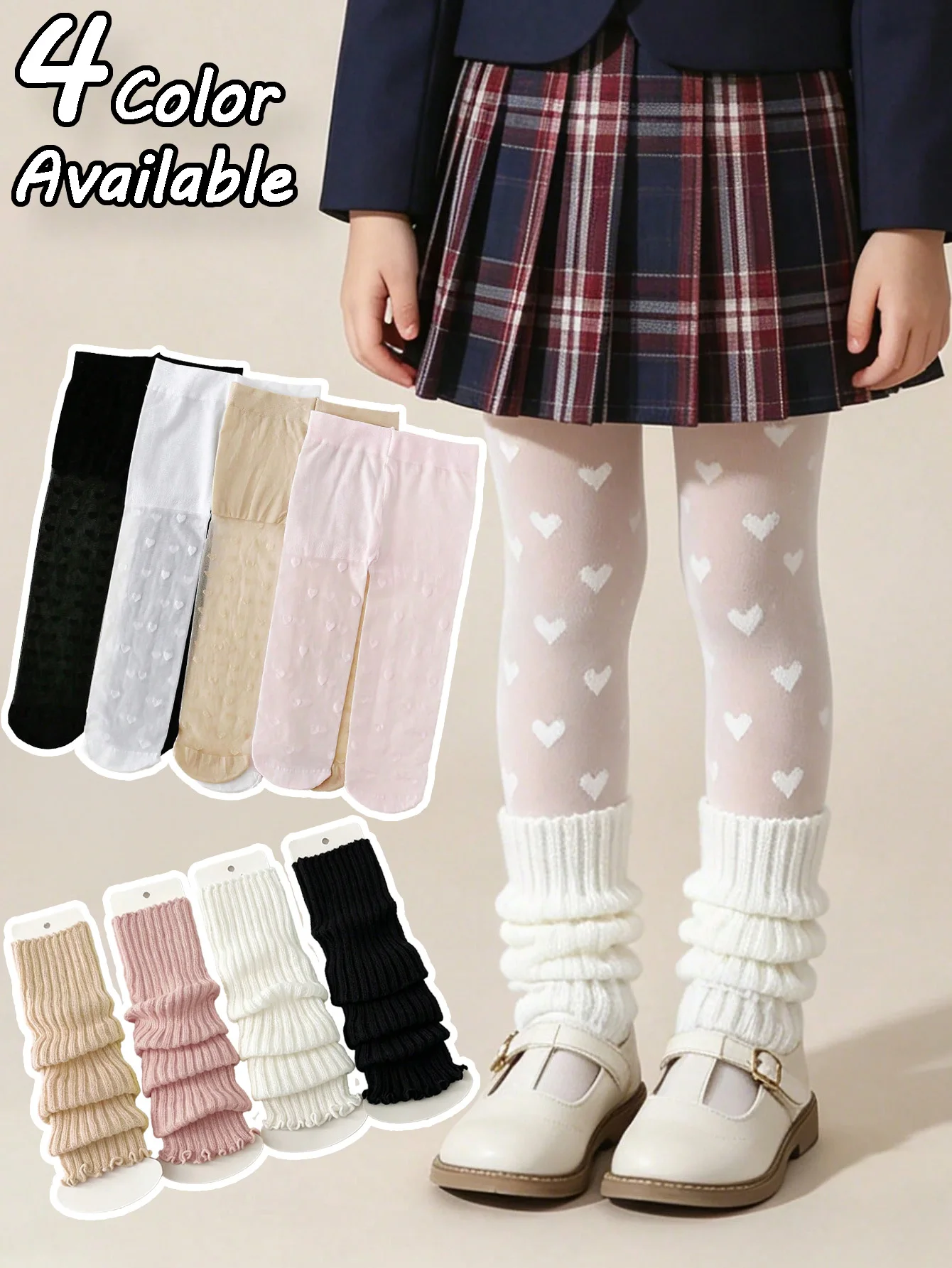 2/8 Piece Set Girl's Heart Pattern Tight Leggings with Stretch Knit Leg Warmers for Girls Aged 4-14Y School Uniform Daily Outfit