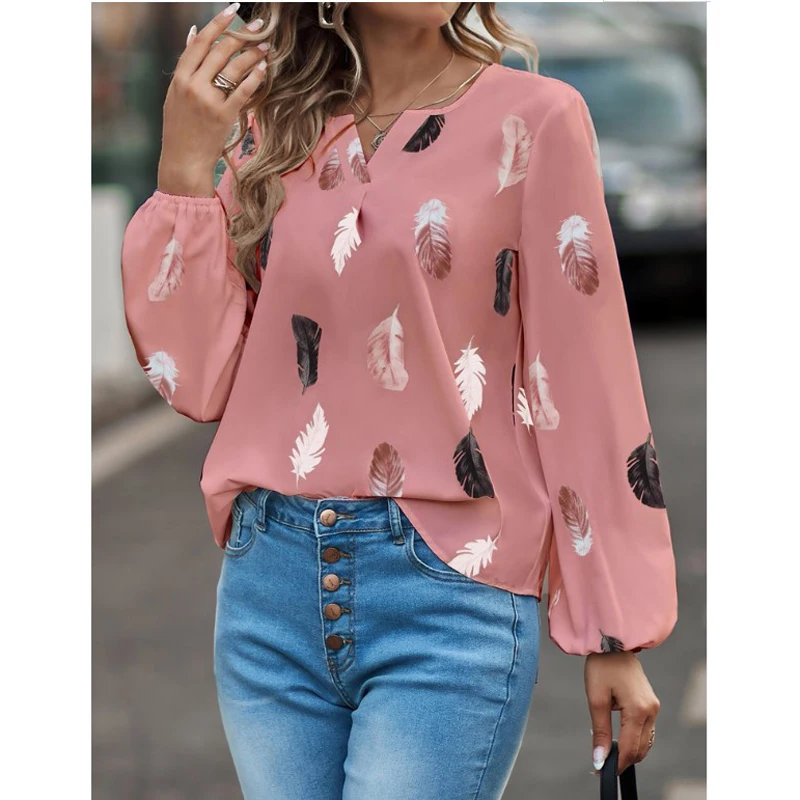 Moda damska bluzka koszule dla kobiet stylowy top z długim rękawem wzór z piórami bluzki damskie elegancka szyfonowa Mujer ubrania damskie