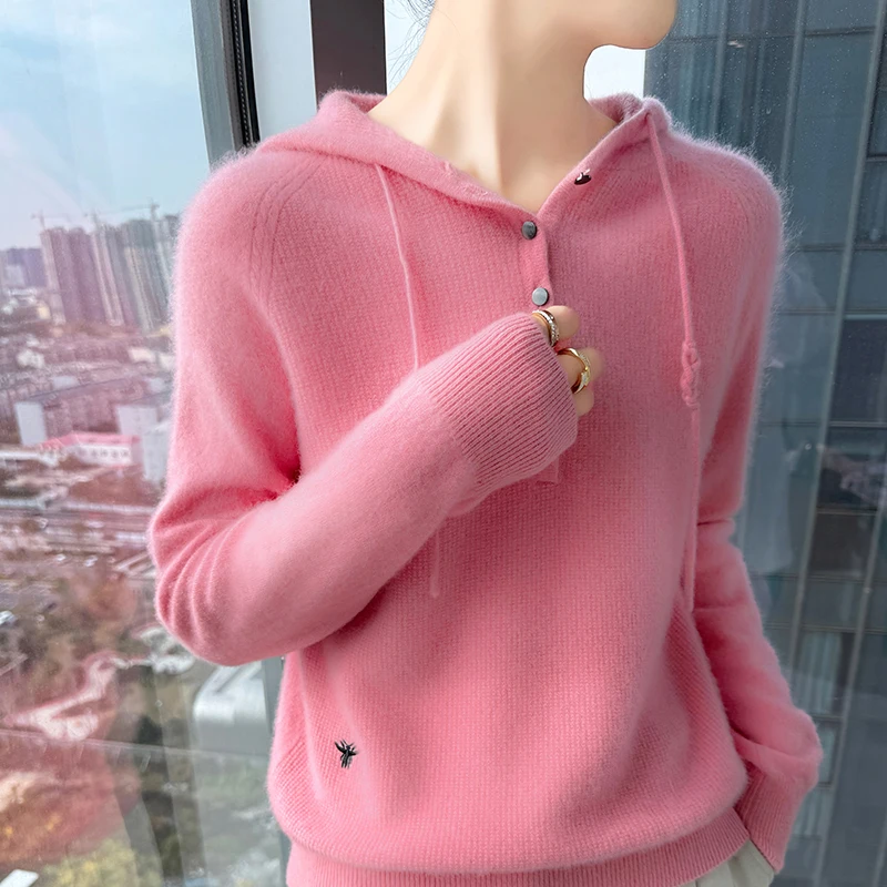 

100% Merino wool knitted pullover women's hooded sweater slim fit fashion autumn and winter new women's long sleeved sweater