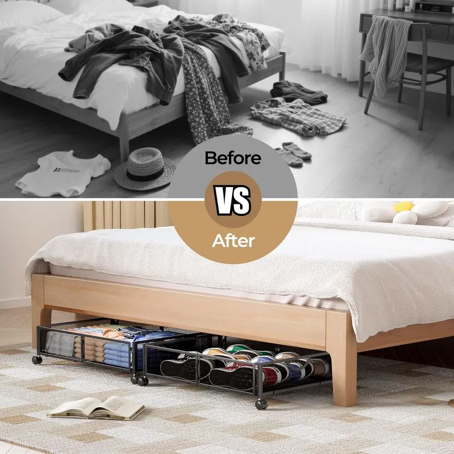 Armazenamento sob a cama com rodas, 2 pacotes sob a gaveta organizadora de armazenamento de sapatos da cama, montagem sem ferramentas, armazenamento sob a cama de metal