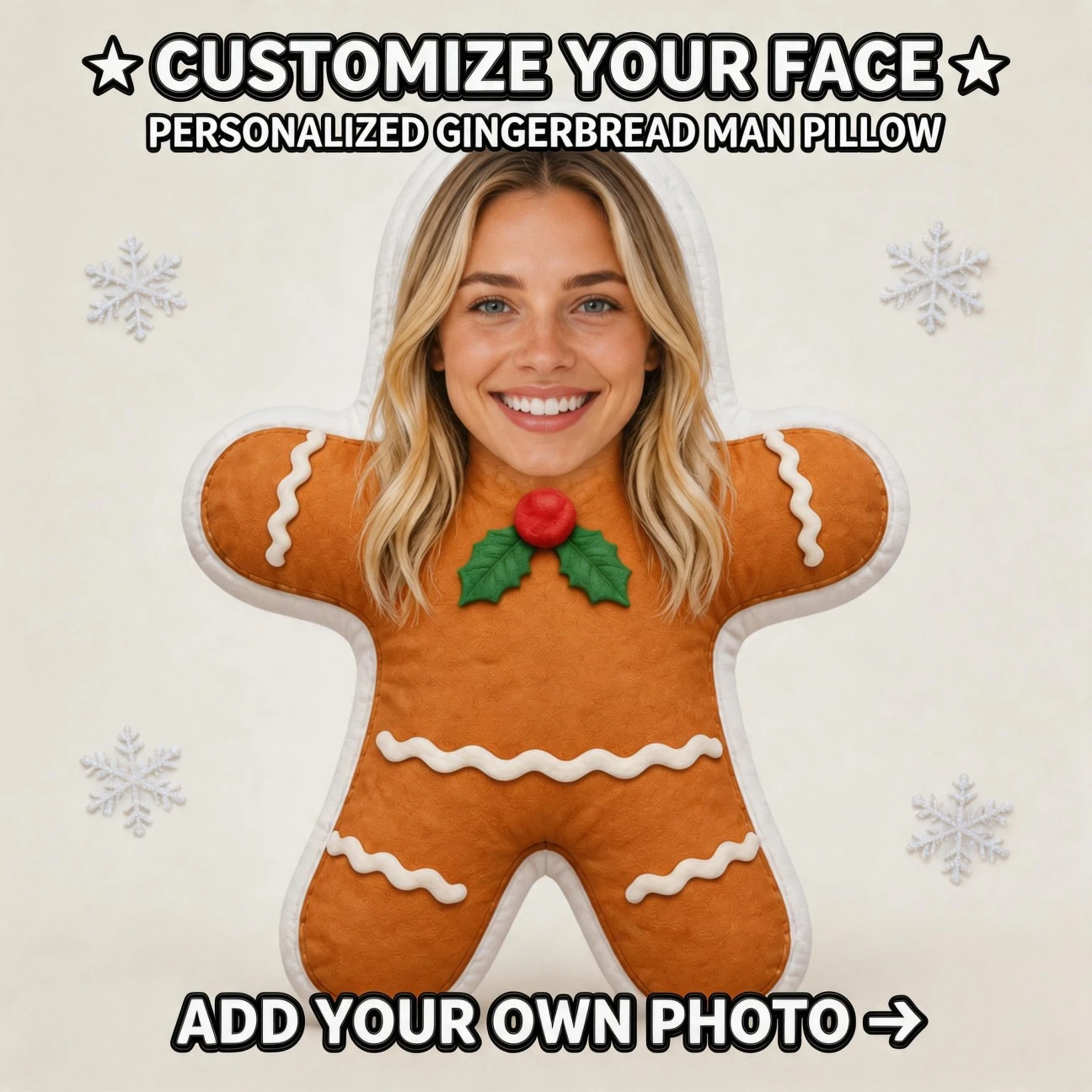 Custom Personalized Photo Gingerbread Man Shaped Pillow, Smiling Face Holiday Style Decorative Cushion, Unique Home Decor Accent
