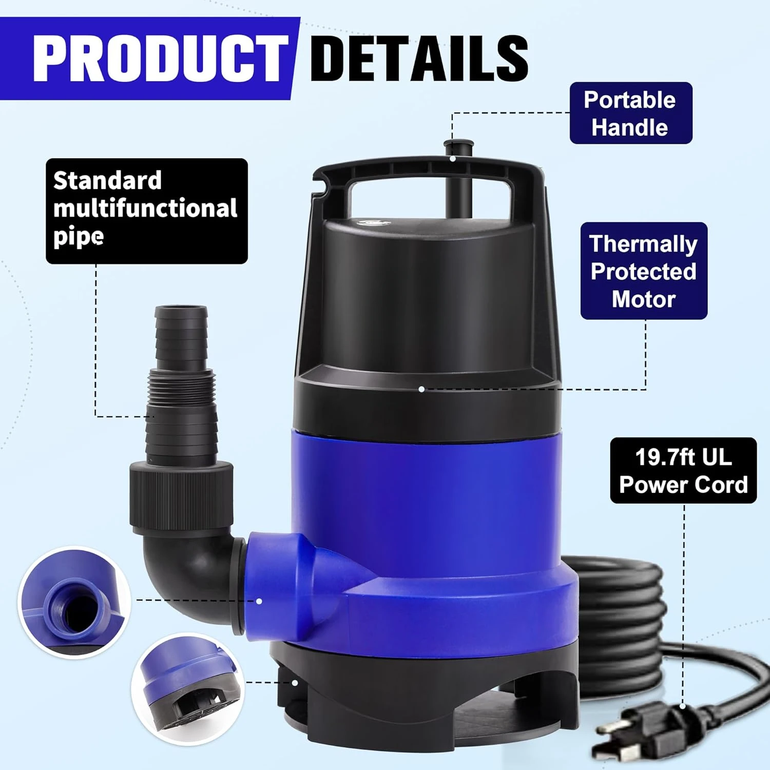 1HP 3434 GPH Sump Pump Submersible Clean/Dirty Water Pump Portable Utility Pump with 16.4ft Cord for Swimming Pool Garden