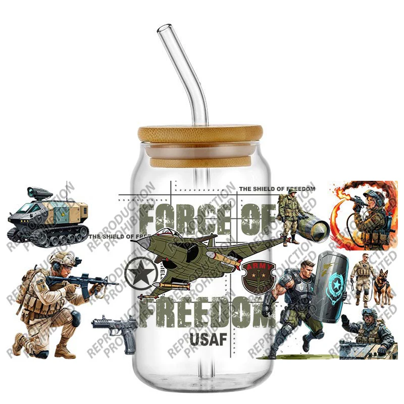 Military Veteran UV DTF Wraps, Army Soldier Patriotic Stickers for 16oz Cups, High-Quality Waterproof DIY Transfer Decals