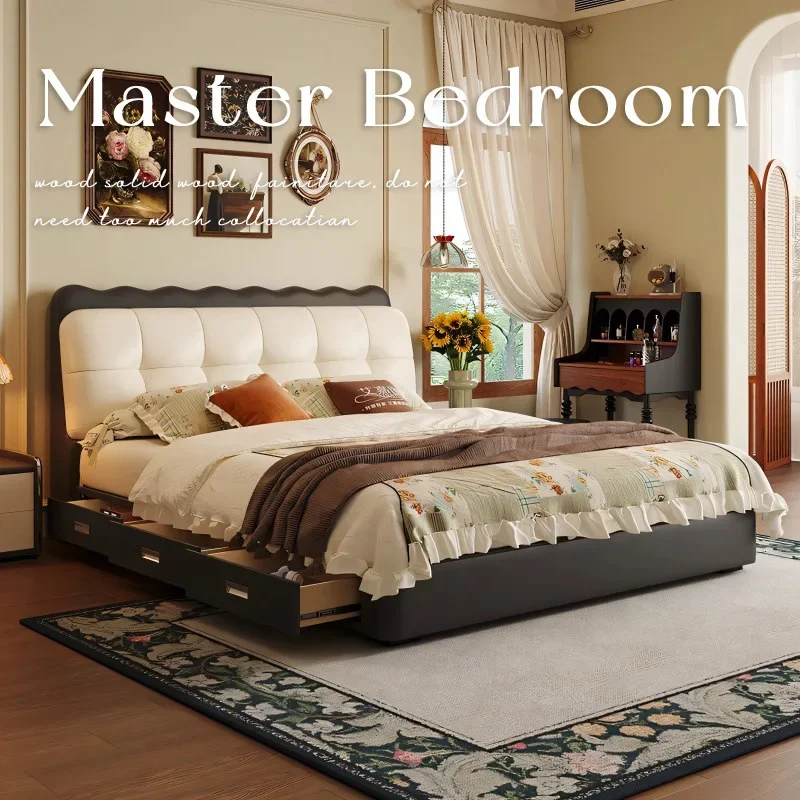 Color leather bed Italian modern simple ripple bed retro style