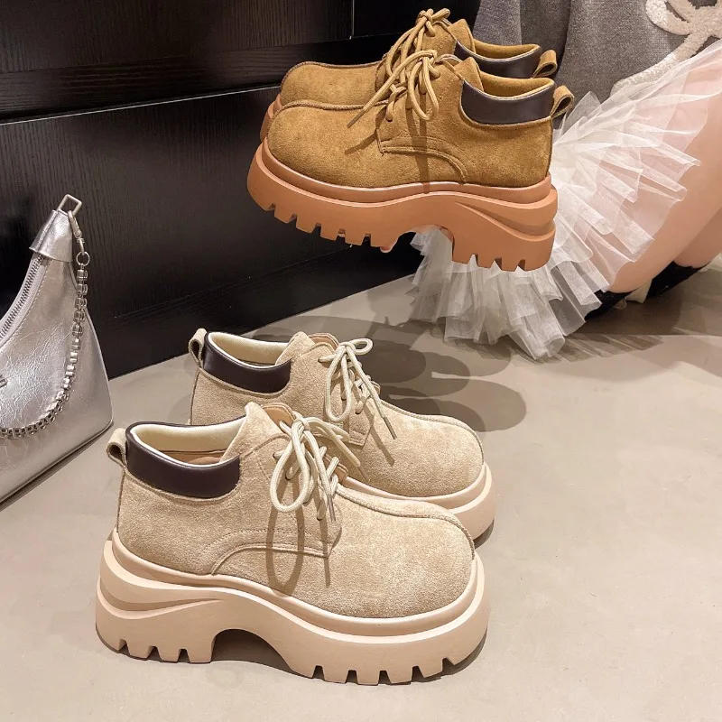 

New Women Shoes Designer Large Head Platform Shoes Suede Casual Footwear Lace Up Platform Single Shoes British Style Short Boots