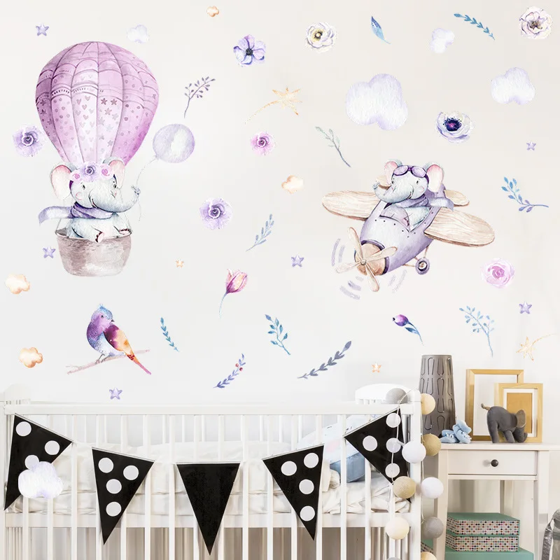 

Elephant Hot Air Balloon Airplane Wall Sticker For Kids Room Decoration Mural Baby Bedroom Decor Decals Cartoon Animals Paster