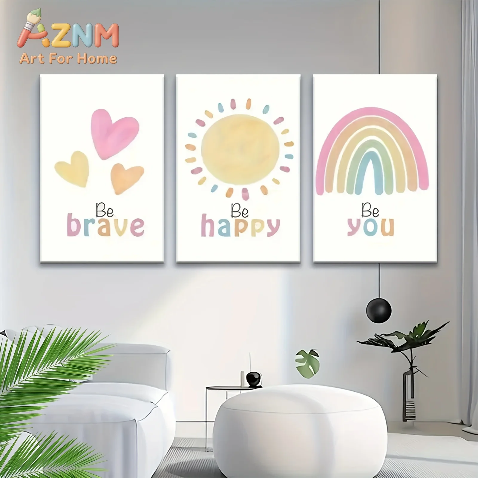 AZNM Pastel Rainbow Sun Heart Canvas Wall Art Inspirational Quote Be Brave Happy You Frameless Canvas Painting Kids Room Home De