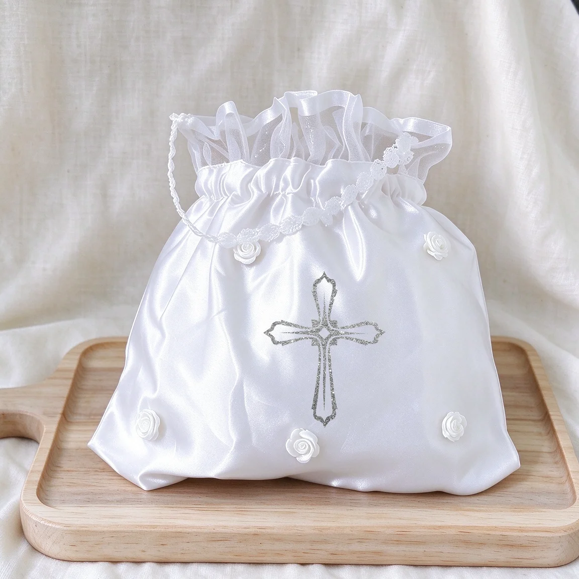 Cross Printed Baptism Storage Gift Bag Baby Christening Keepsake Pouch Religious Party Favor Bag for Baptism Celebration