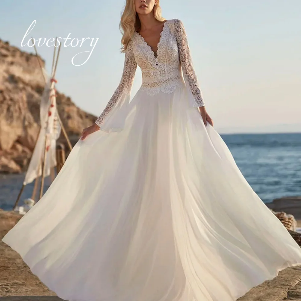 

Beach A-Line Scalloped Neck Wedding Dresses Boho Bride Robe Chiffon Lace Bridal Gowns Backless Flare Sleeve Vestidos De Novia