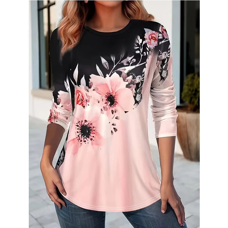 Women's Flower Printed Long Sleeve T-shirt Round Neck Loose Contrast Pullover Top Holiday Floral Tee Blouse Streetwear