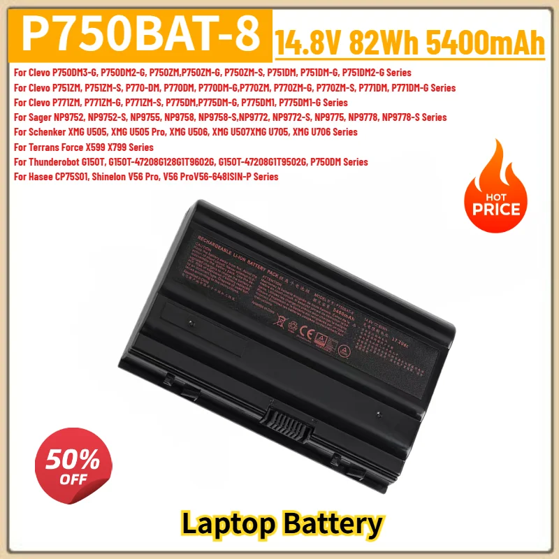 P750BAT-8 Battery 14.8V 5400mAh for Clevo P771ZM P771ZM-G P771ZM-S P775DM P775DM-G P775DM1 P775DM1-G Series Laptop Battery