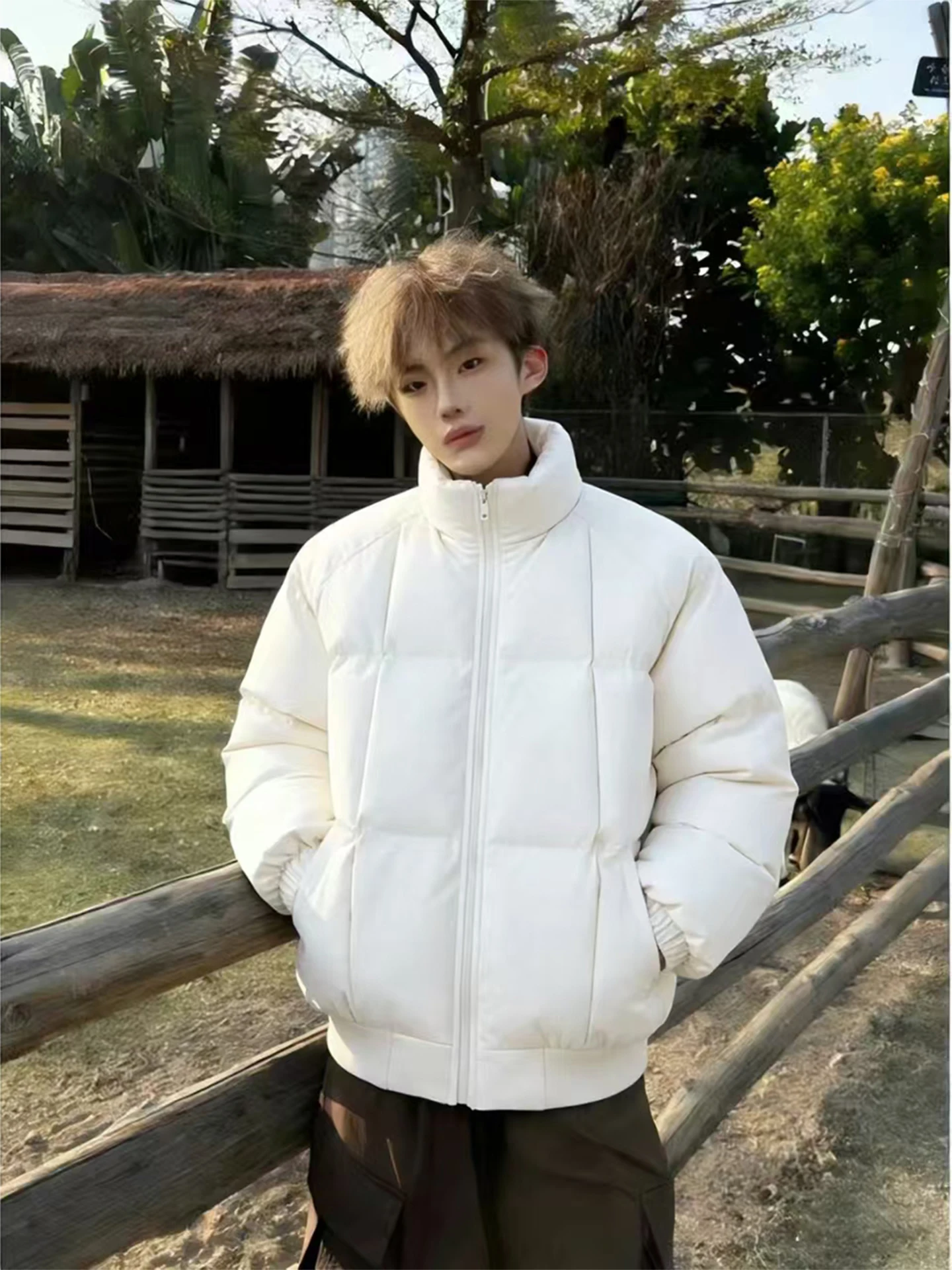 

American Sle Khaki Plaid Stand Collar Thiened Cotton Jaet Men's Winter Faionable Warm Bread Sle Coat Youth Trend