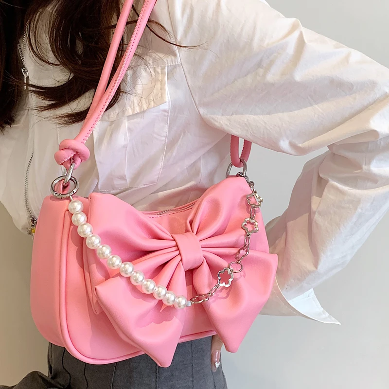 Summer Fashion Small Bag Women\'s Sweet Bowknot Pearl Chain Shoulder Bag 2023 Versatile Luxury Texture Underarm Bag For Shopping