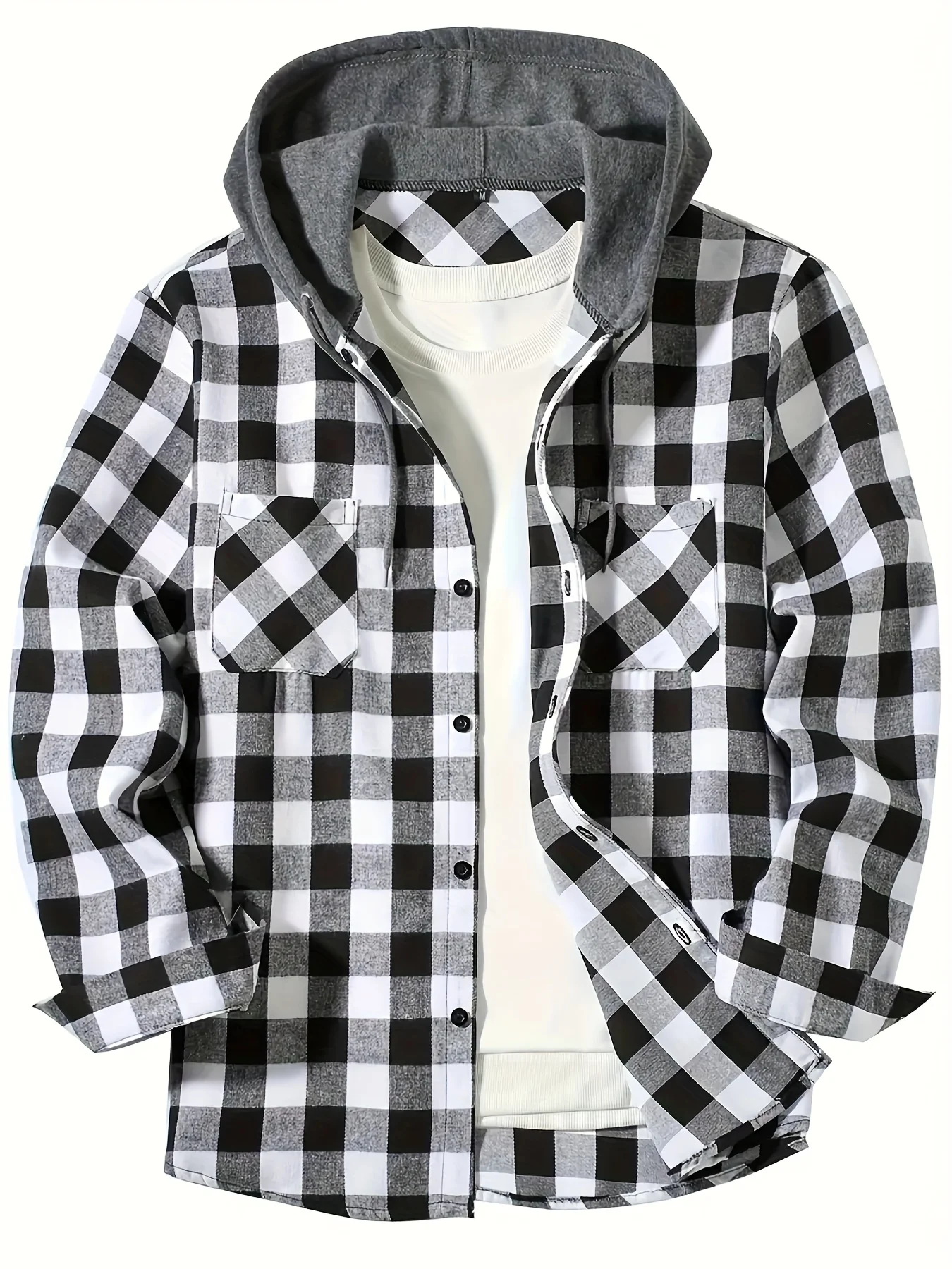 New Fashion Men\'s Hot Plaid Long Sleeve Hooded Shirt Standard Fit Button Shirt Hip Hop Shirt Streetwear Casual Clothing