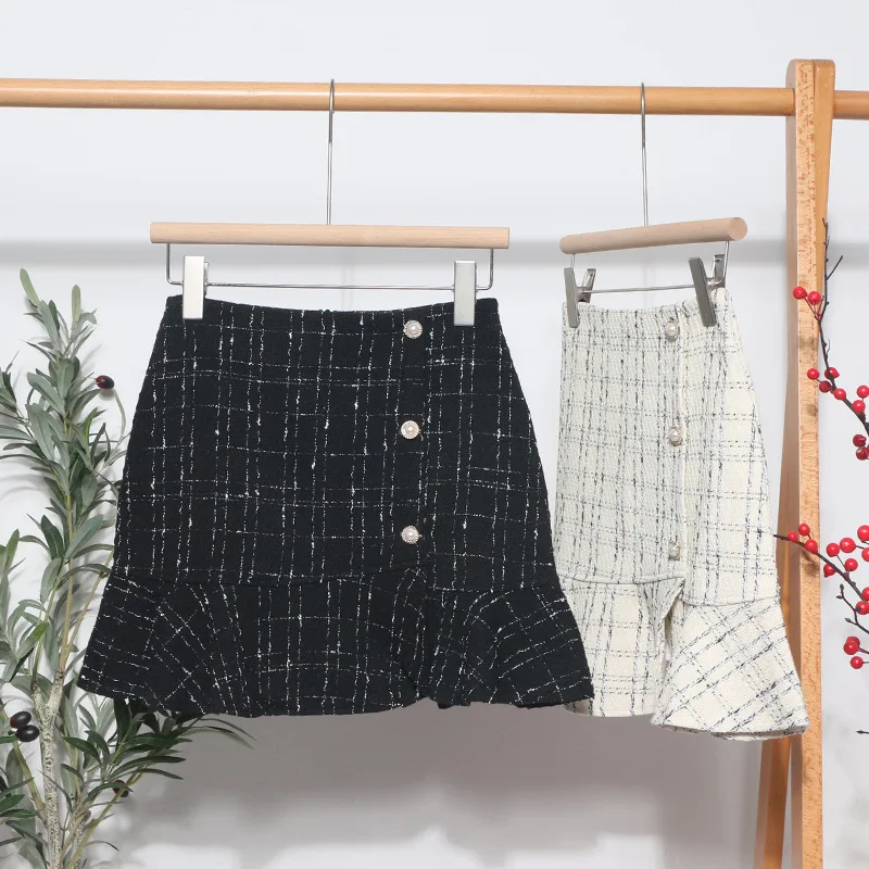 New Checkered Tweed Skirt  High Waisted A Line Wrap Around Hip Short Skirt With an Irregular Fishtail Hem Chic Skirt 8876