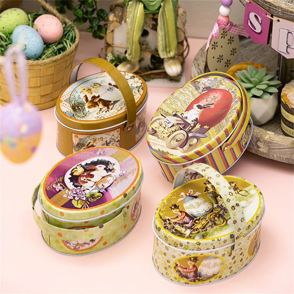 Easter Candy Box Oval Tinplate Box with Carrying Handle Bunny Egg Handheld Storage Box Children's Gift Biscuit Boxes Party Decor