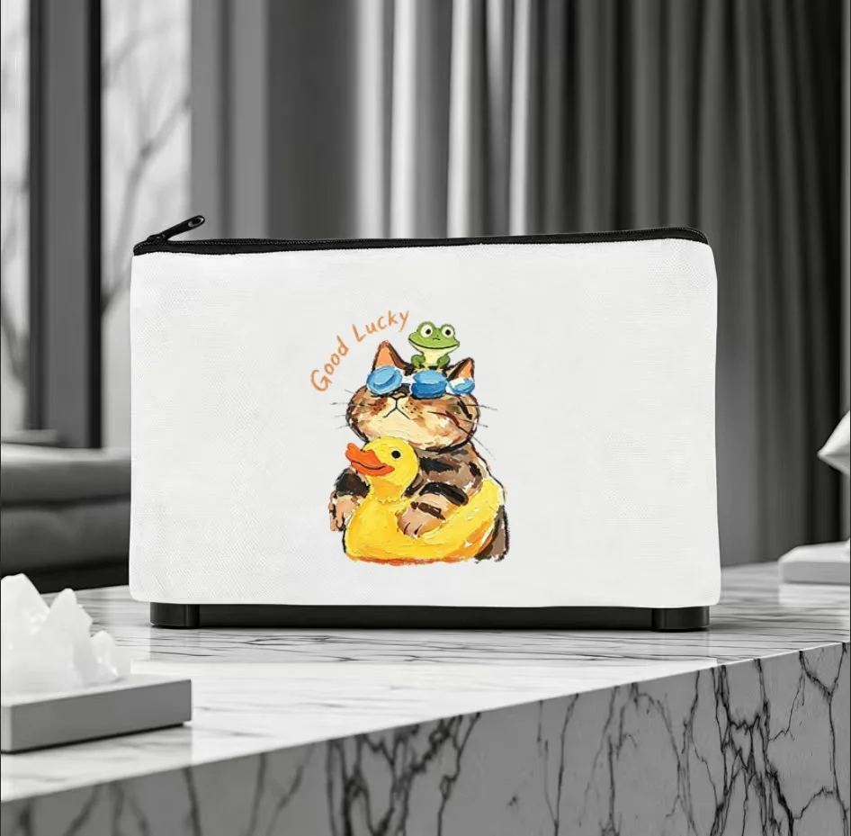 1PC Funny Vacation Cat With Blue Goggles Frog Duck Float Print Makeup Bag Double Sided Canvas Daily Storage Organizer