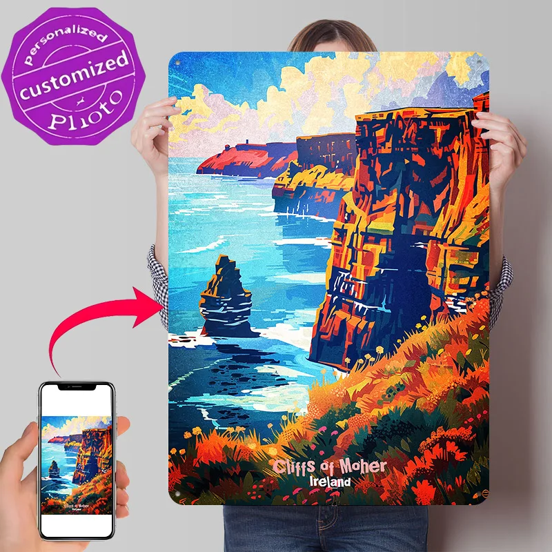 Cliffs of Moher Ireland Personalized 3D Textured Metal Poster Wall Art Tinplate Sign for Luxury Decoration Home Wand Deko Room