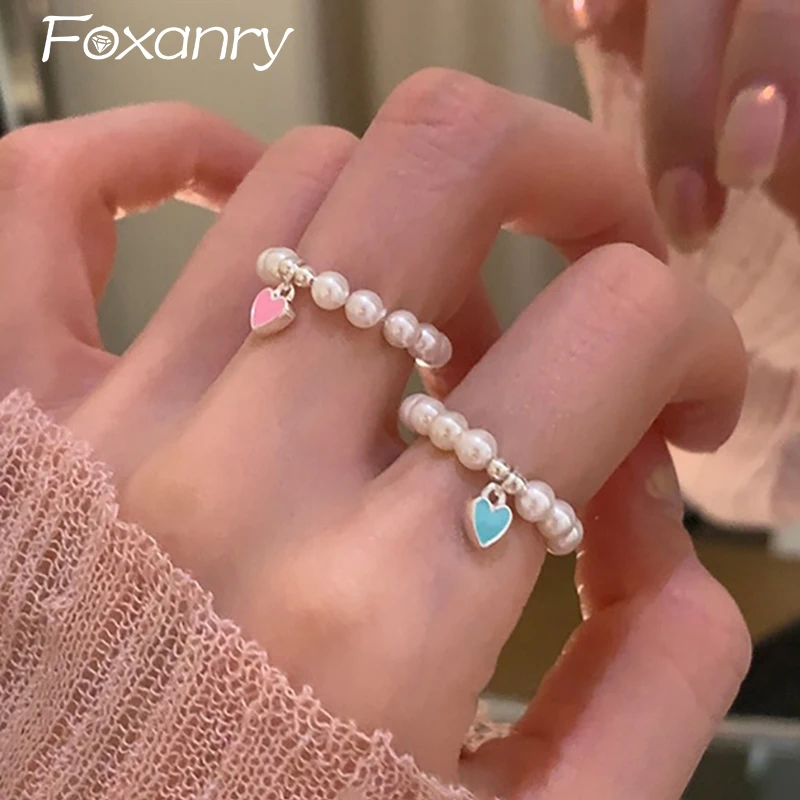 Foxanry Korean Cute Pearl Chain Elastic Ring for Women New Fashion Creative LOVE Heart Pendant Wedding Party Jewelry Gifts