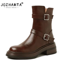 JOZHAMTA Size 33-40 Women Knight Boots Real Leather Buckle Straps Thick Heels Platform Shoes Winter Short Booties Office Dress