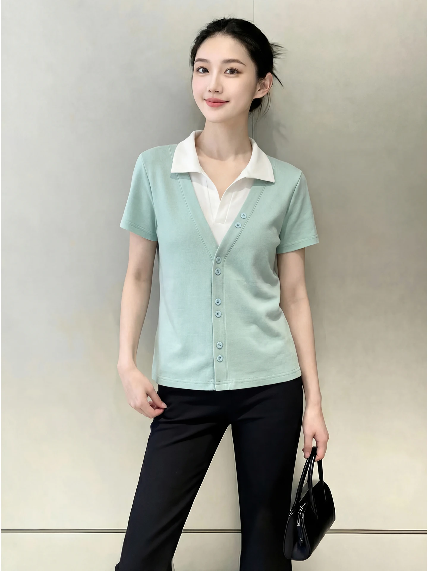 

French Sle Button up ort Sve V-Ne T-irt Women's Slim Fit Inner Wear Top Large Size Spring 2026 Design Sensation