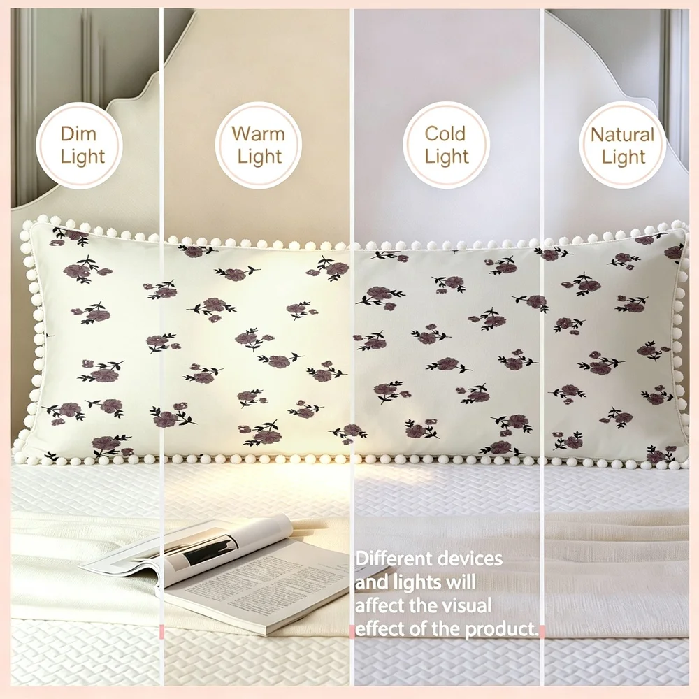 1PC Cream Background with Purple Small Wildflowers and Branches, Vintage Minimalist Elegant Floral Long Pillow Cover with Pom