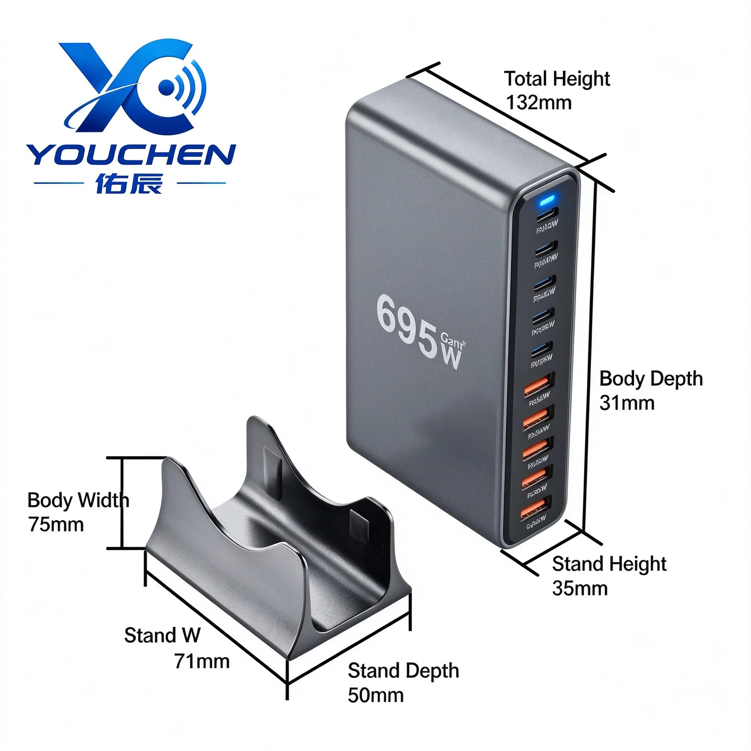 800W GaN Desktop Charger AU Plug, 10 Ports PD QC3.0 Fast Charging Station, Multi Port USB C Charger for Laptop Phone Tablet