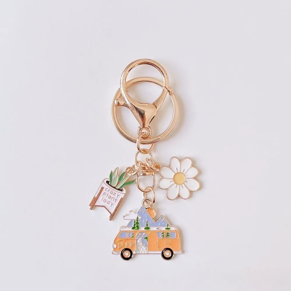 Enamel Moon Car Moon Flower Keychain Sightseeing Bus Key Ring Camping Key Chains for Camper Handmade Jewelry Gifts