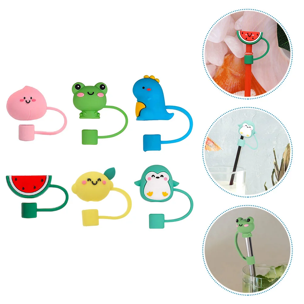 6pcs  Convenient Straw Caps Cartoon Shape Straw Stoppers Kawaii Drinking Straw Cover Caps silicone straw covers