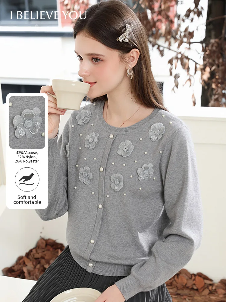 

I BELIEVE YOU Woman Pullover 2025 Elegant Solid Threedimensional Flower Nail Bead Sweater Autumn Women's Clothing 2253146187