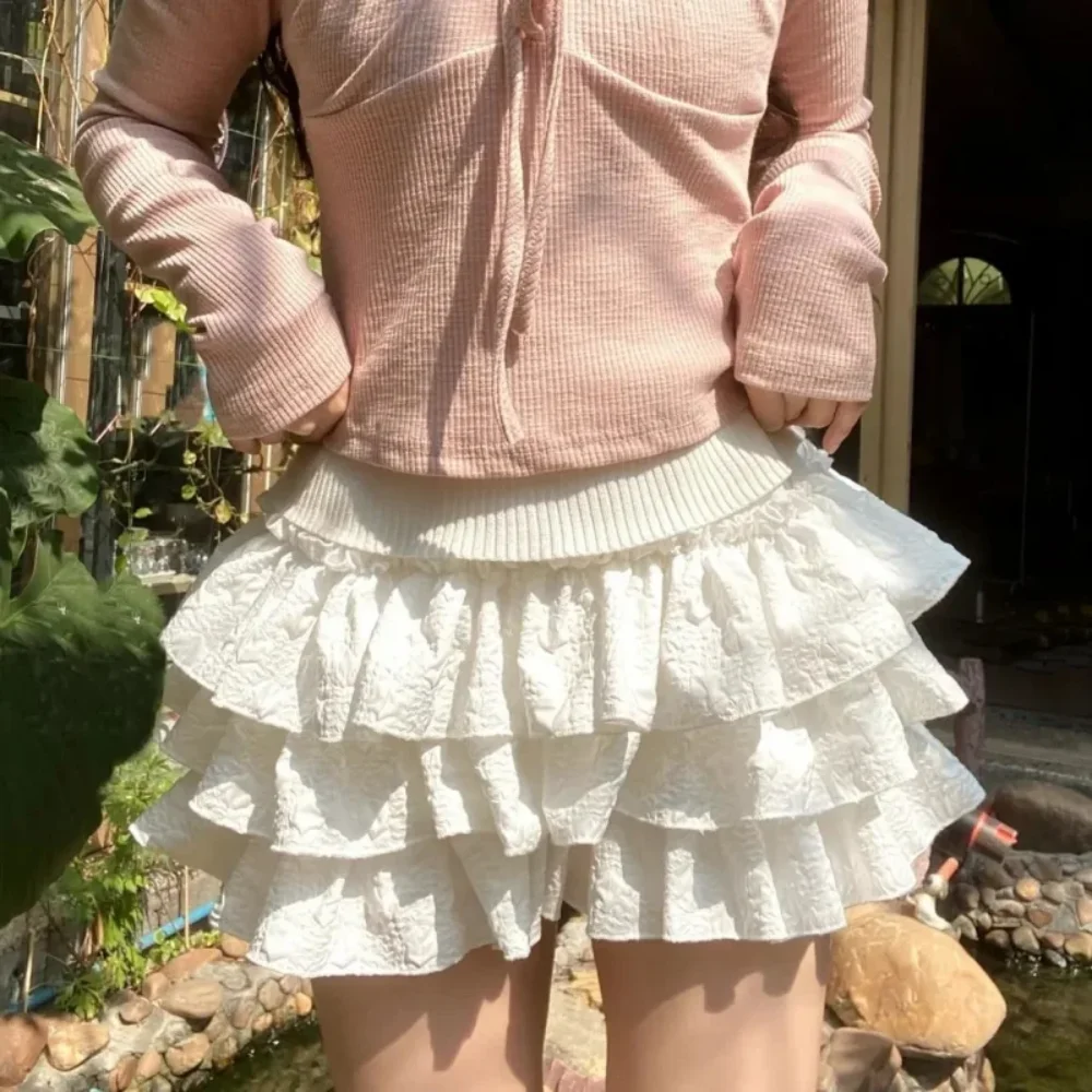Fashion Excellent Elastic High-waisted Pongee Skirt Sweet Beautiful Ruffled a-line Skirt High Waist Cake Skirt Women