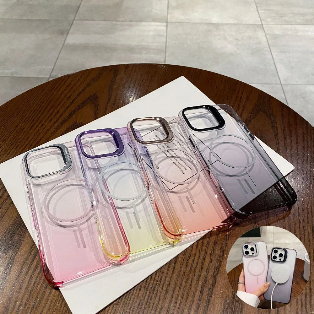 Fashion Gradient Color With Lens Holder Phone Case For iPhone 16 15 Pro Max 14 Pro 13 Pro Series Support Magnetic Charging