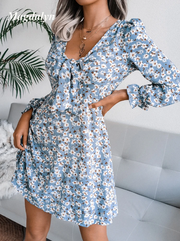 Magdalyn Women Floral Print Chiffon Dress Fashion Long Flare Sleeves Vintage Korean Vestido Streetwear Spring Bow A Line Dresses