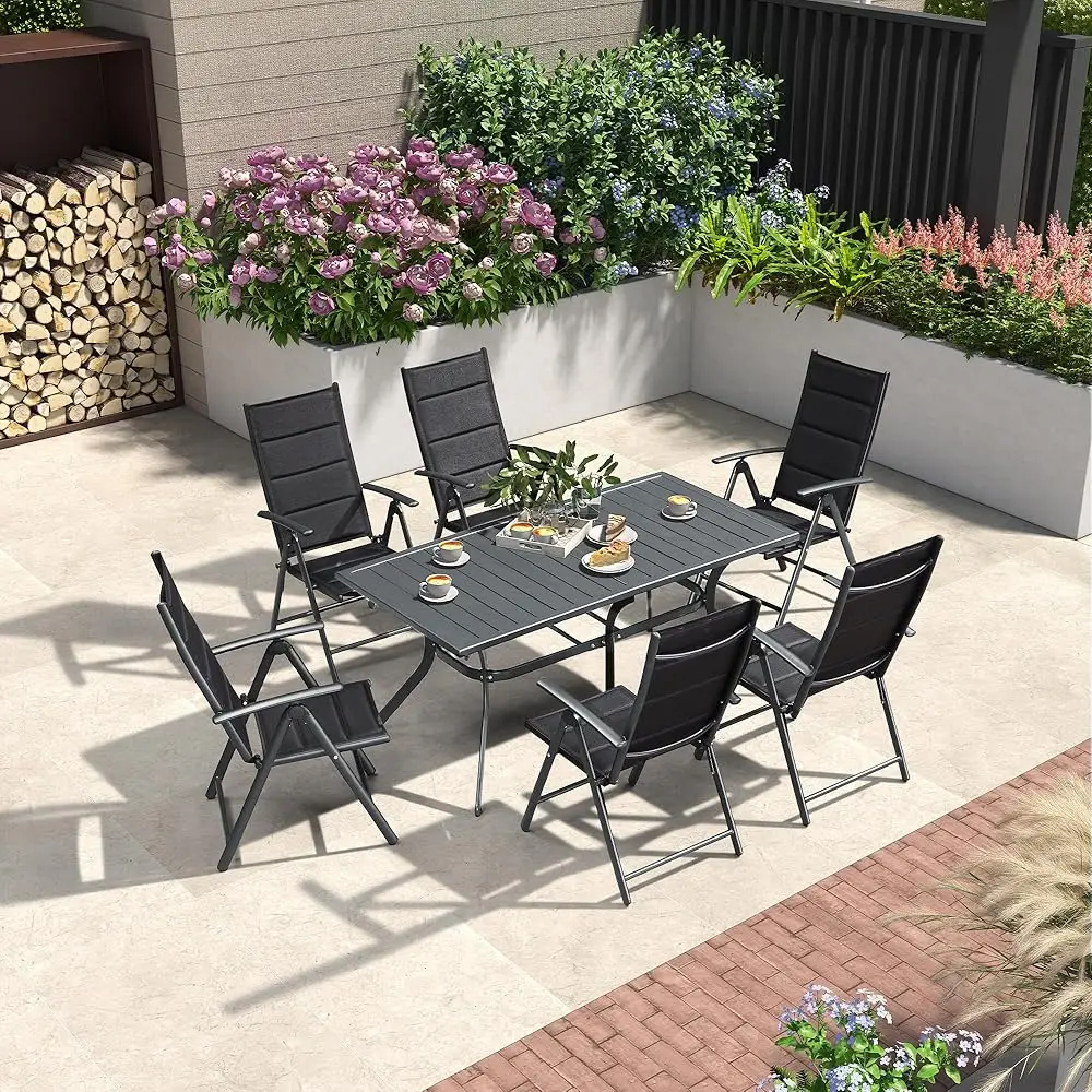 Outdoor Dining Set For 6 With All-Aluminum Height Adjustable Slat Table And Padded Folding Chairs Modern Patio Furniture Dining