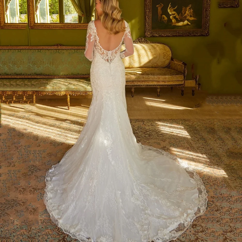 فساتين زفاف مخصصة من الدانتيل حورية البحر فساتين زفاف رائعة على شكل حرف V بدون ظهر مزينة فستان عروس رداء De Mariée