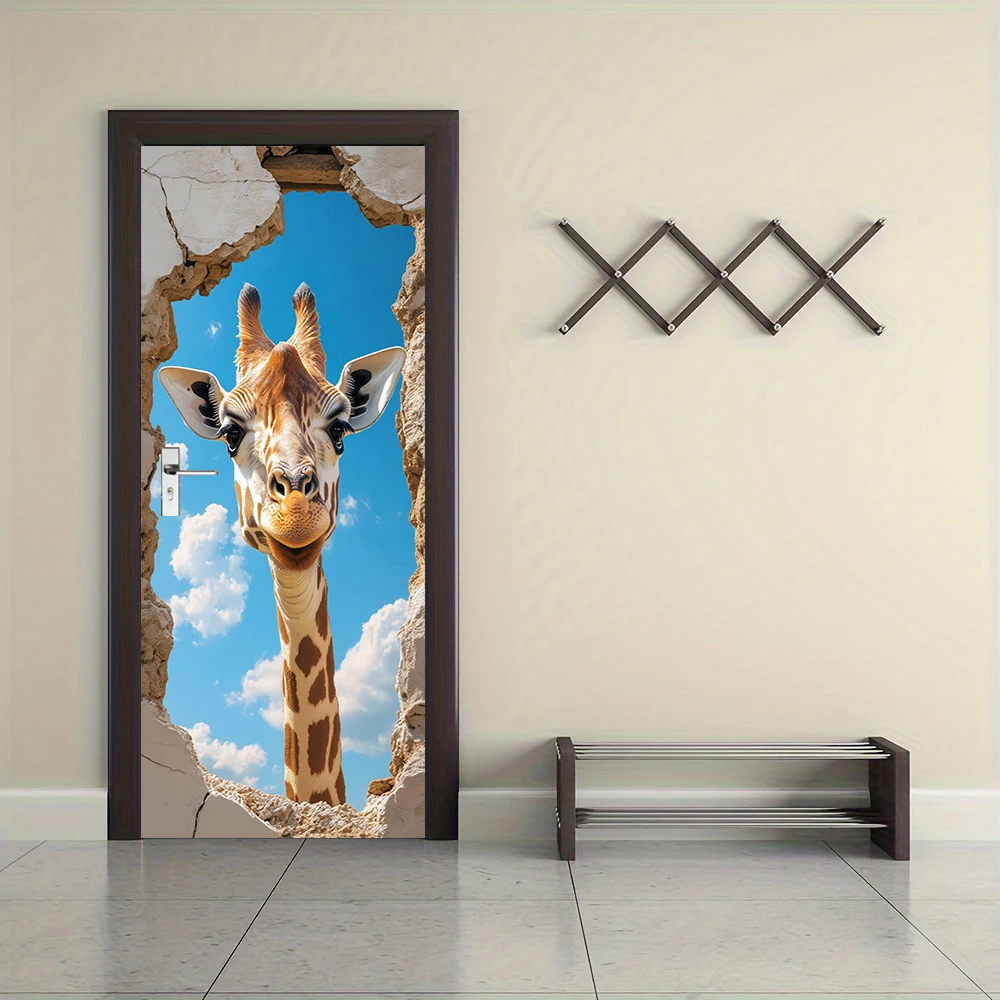 1pcs Self Adhesive Removable Vinyl Door Stickers Creative Giraffe Breaks Wall and Begins with 3D Visual Effects Home Decoration