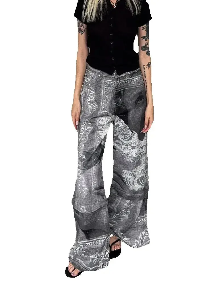 

Women's Grey Print Jeans Cargo Baggy Y2K Japanese Harajuku High Street Aesthetic Vintage 2000S Casual Pants Jeans Clothing New