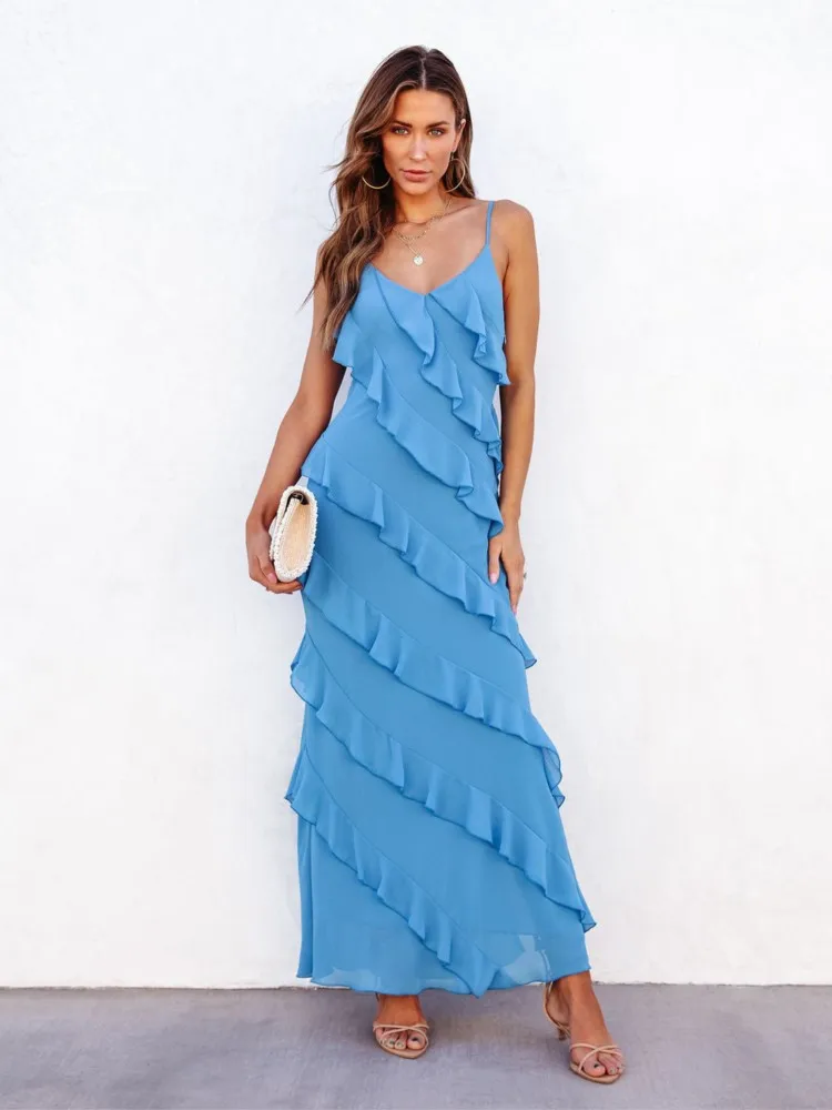 Sexy Spaghetti Strap Dresses Women V-neck Backless Wave Ruffles Package Hip Slit Dress Fashion Trendy  Party Night Club Vestidos